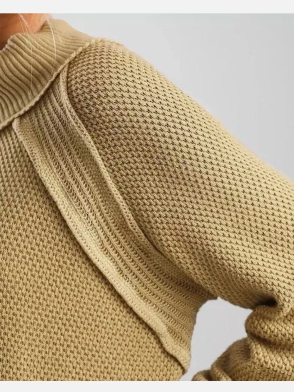 FREE PEOPLE She's A Keeper Thermal Waffle Knit Sweater Winter Wheat Tan we the f - Picture 3 of 6